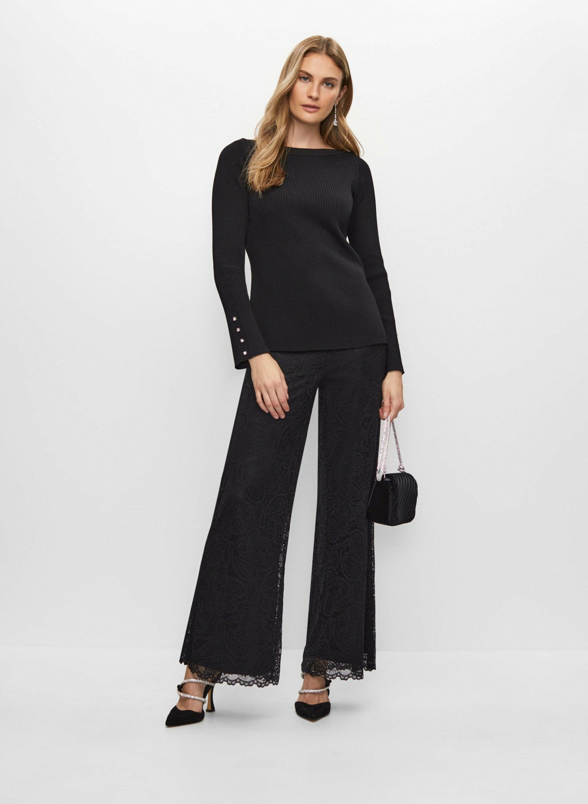 Women Rhinestone Detail Rib Knit Pullover Black | Melanie Lyne