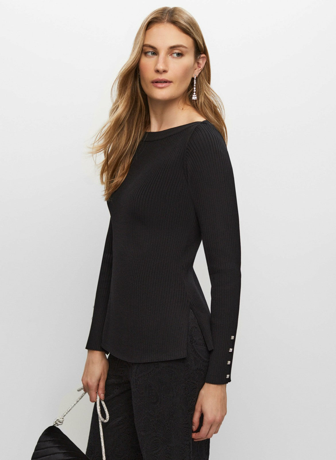 Women Rhinestone Detail Rib Knit Pullover Black | Melanie Lyne