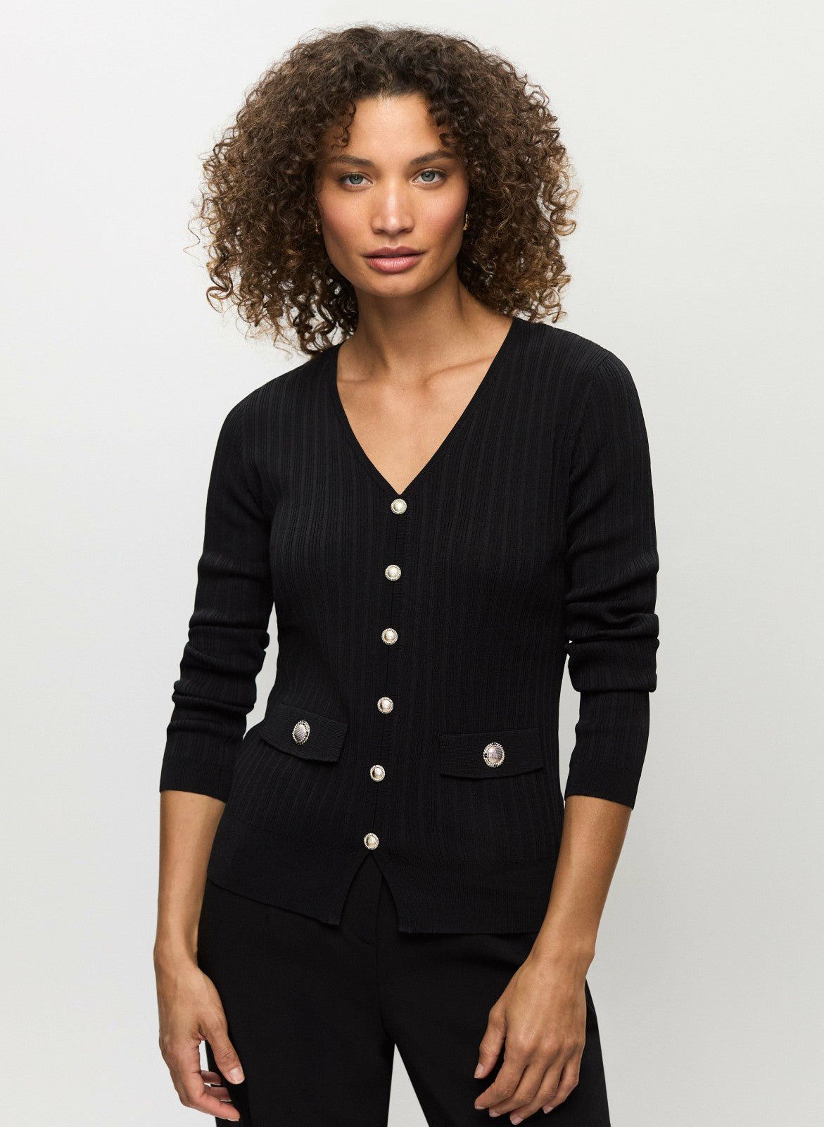 Women Button Detail Rib Knit Sweater Black | Melanie Lyne