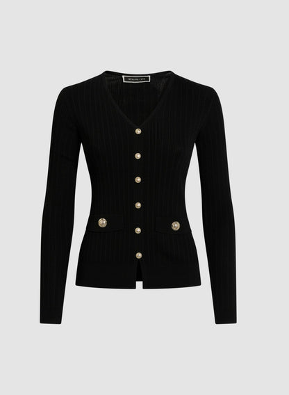 Women Button Detail Rib Knit Sweater Black | Melanie Lyne