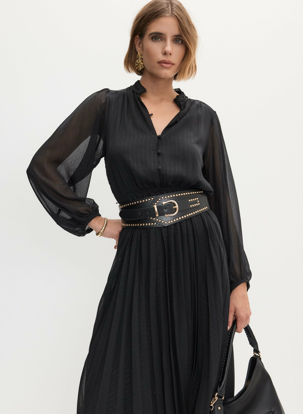 Women Pleated Balloon Sleeve Dress Black | Melanie Lyne