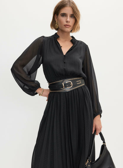 Women Pleated Balloon Sleeve Dress Black | Melanie Lyne