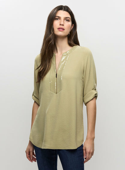 Women Crinkle Effect V-Neck Tunic Artichoke Green | Melanie Lyne