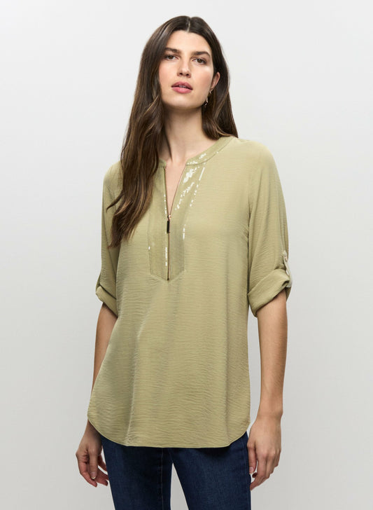 Women Crinkle Effect V-Neck Tunic Artichoke Green | Melanie Lyne