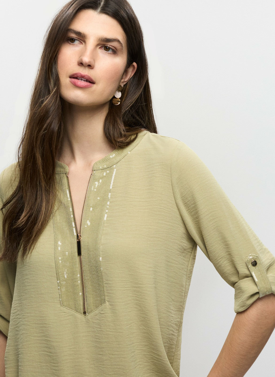 Women Crinkle Effect V-Neck Tunic Artichoke Green | Melanie Lyne