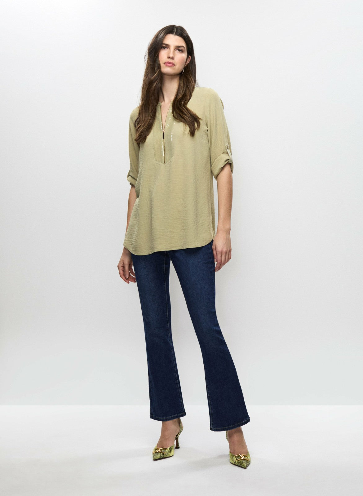 Women Crinkle Effect V-Neck Tunic Artichoke Green | Melanie Lyne