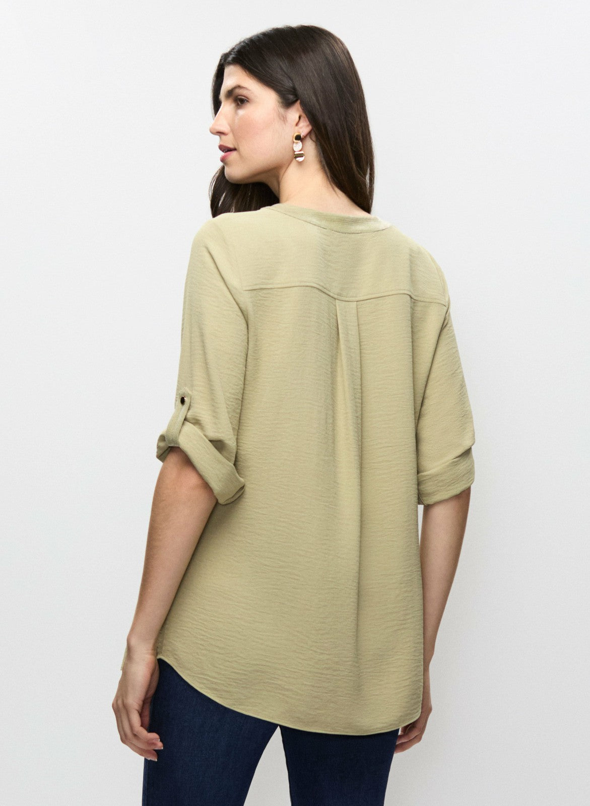 Women Crinkle Effect V-Neck Tunic Artichoke Green | Melanie Lyne