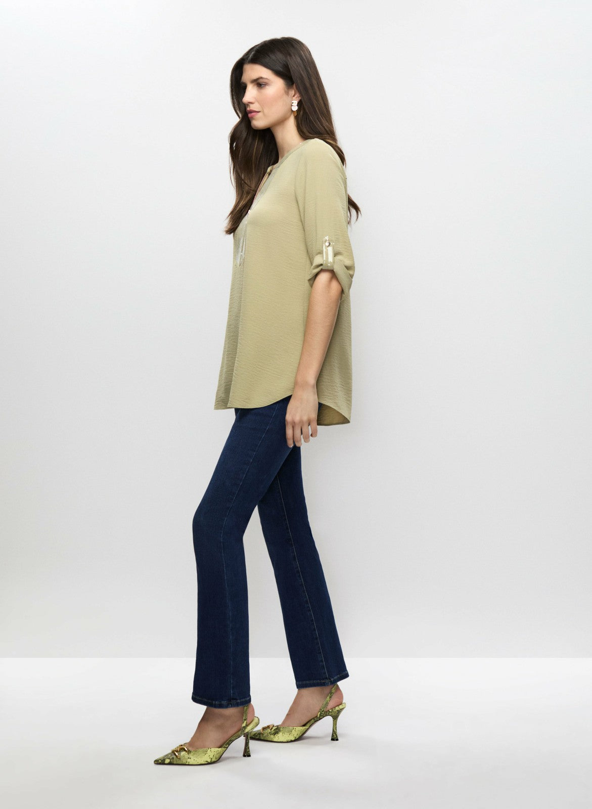 Women Crinkle Effect V-Neck Tunic Artichoke Green | Melanie Lyne