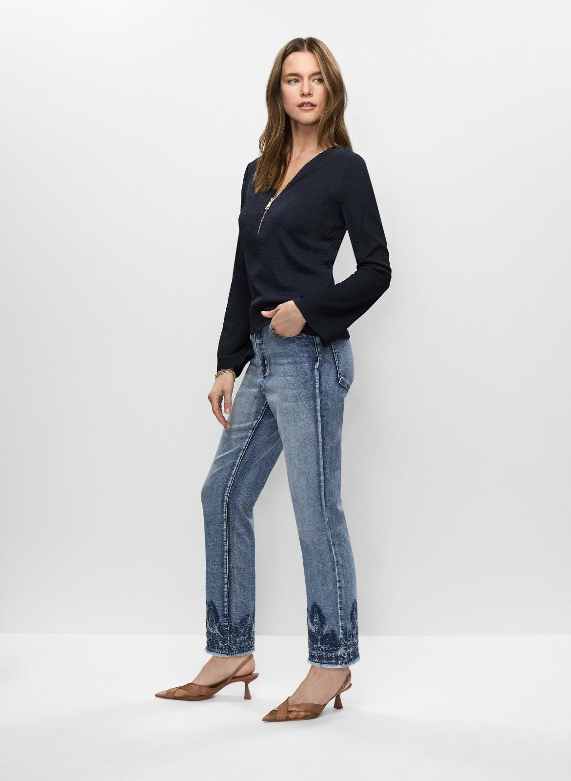 Women Embroidered Straight Leg Jeans Medium Blue | Melanie Lyne