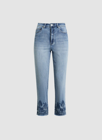 Women Embroidered Straight Leg Jeans Medium Blue | Melanie Lyne