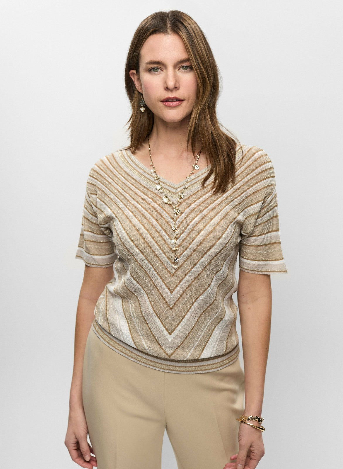 Women Striped Short Sleeve Sweater Beige | Melanie Lyne