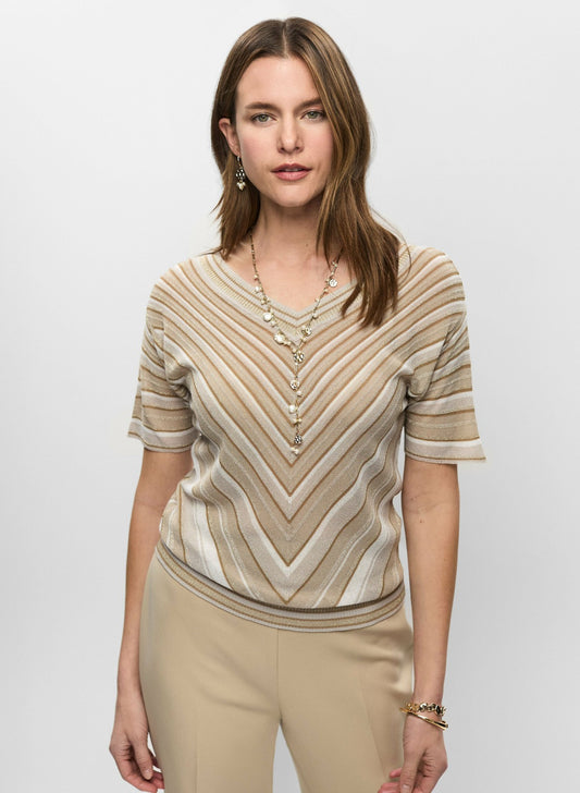 Women Striped Short Sleeve Sweater Beige | Melanie Lyne