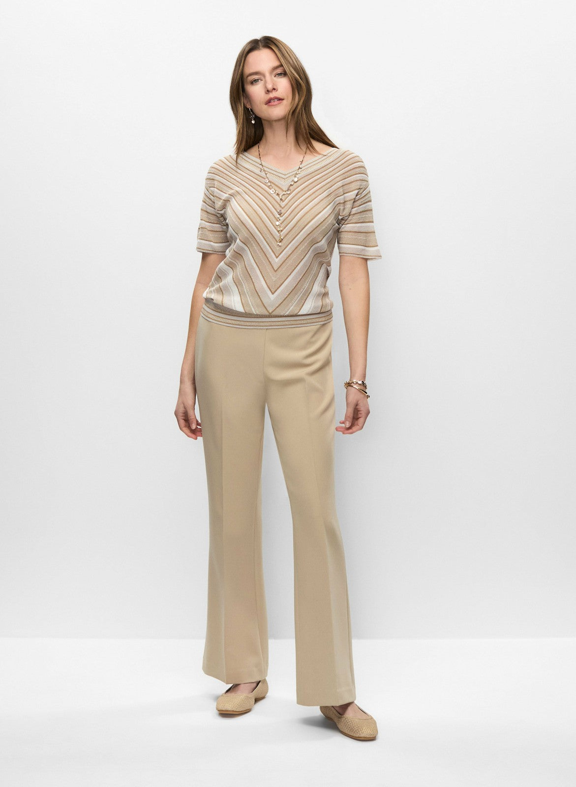 Women Striped Short Sleeve Sweater Beige | Melanie Lyne