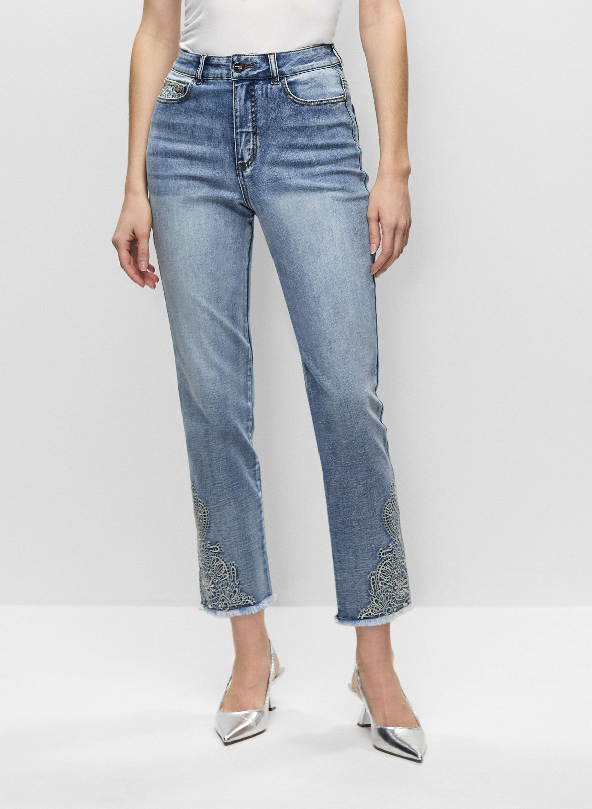 Women Floral Embellished Slim Leg Jeans Light Blue | Melanie Lyne