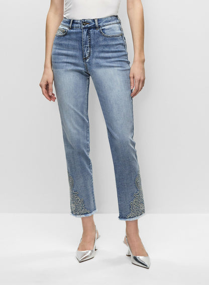 Women Floral Embellished Slim Leg Jeans Light Blue | Melanie Lyne
