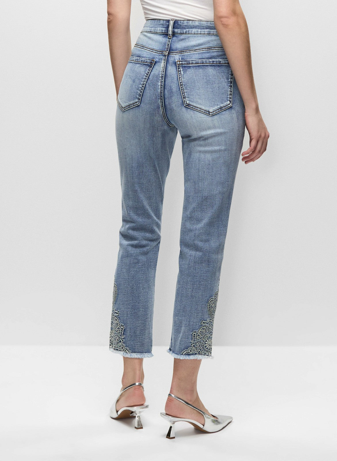 Women Floral Embellished Slim Leg Jeans Light Blue | Melanie Lyne