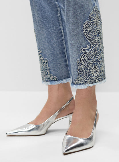 Women Floral Embellished Slim Leg Jeans Light Blue | Melanie Lyne