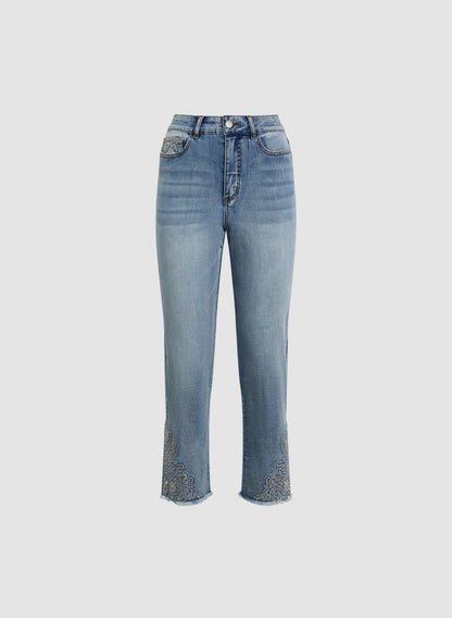 Women Floral Embellished Slim Leg Jeans Light Blue | Melanie Lyne