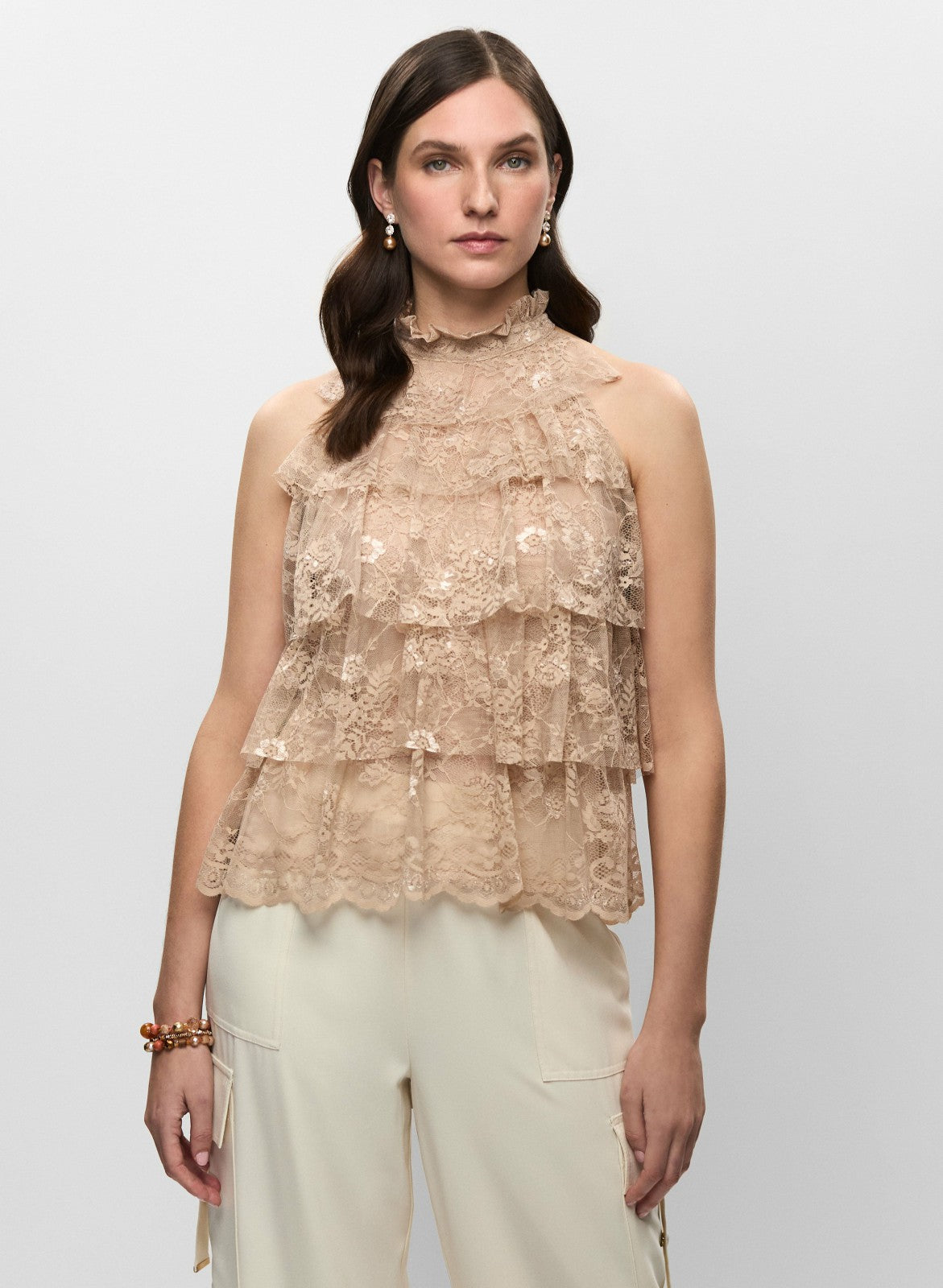 Women High-Neck Tiered Lace Top Desert Sand | Melanie Lyne