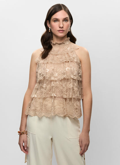 Women High-Neck Tiered Lace Top Desert Sand | Melanie Lyne