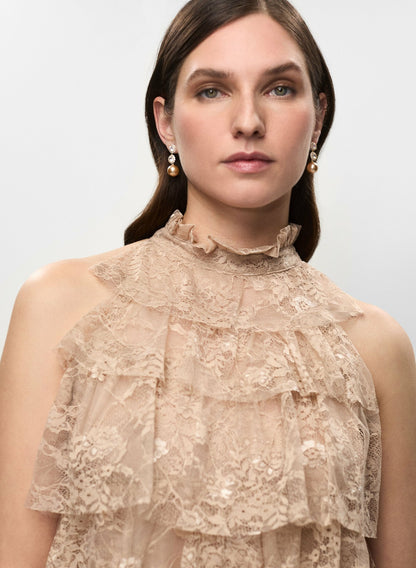 Women High-Neck Tiered Lace Top Desert Sand | Melanie Lyne