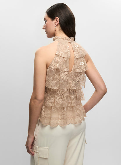 Women High-Neck Tiered Lace Top Desert Sand | Melanie Lyne