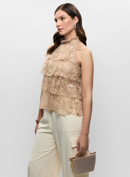 Women High-Neck Tiered Lace Top Desert Sand | Melanie Lyne