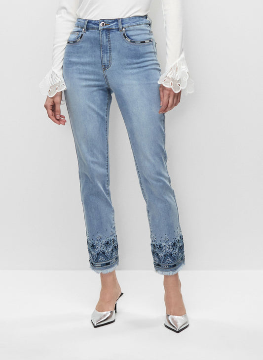 Women Embroidered Hem Cropped Jeans Light Blue | Melanie Lyne