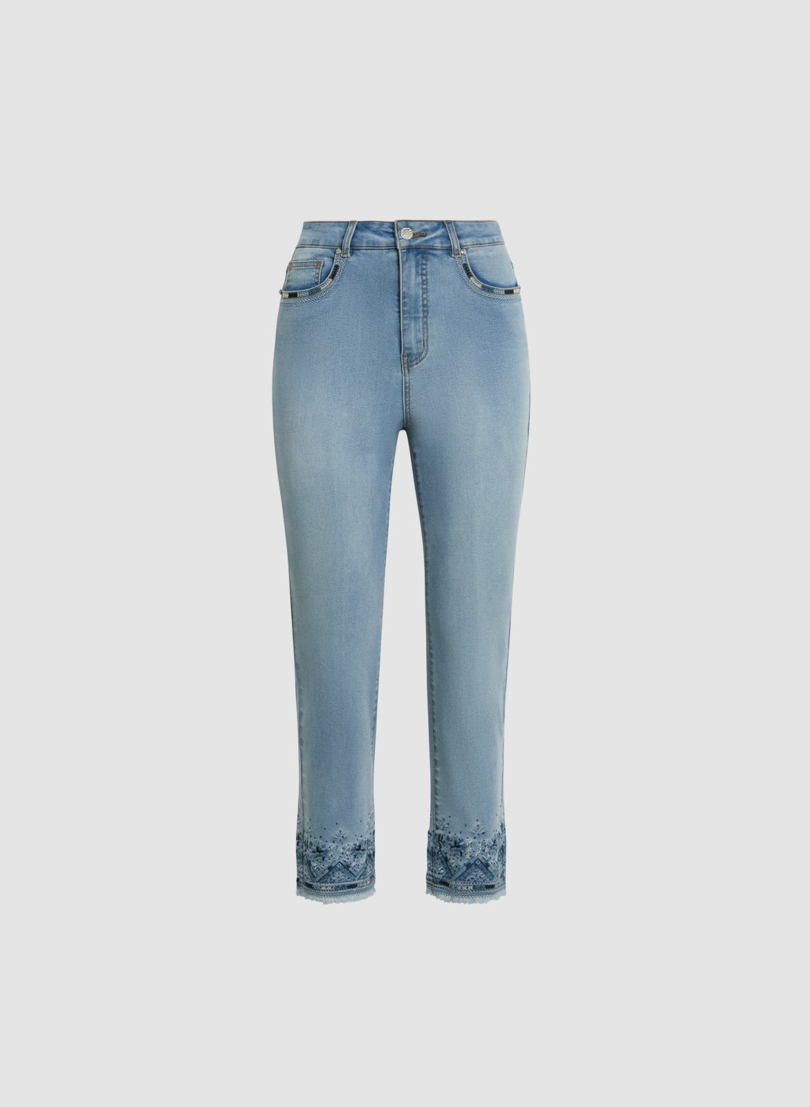 Women Embroidered Hem Cropped Jeans Light Blue | Melanie Lyne