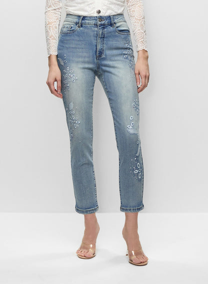 Women Floral Embroidered Light-Wash Jeans Light Blue | Melanie Lyne