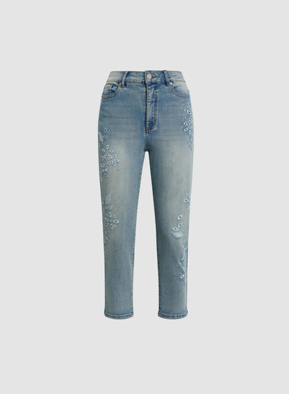 Women Floral Embroidered Light-Wash Jeans Light Blue | Melanie Lyne