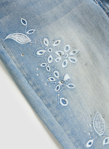 Women Floral Embroidered Light-Wash Jeans Light Blue | Melanie Lyne
