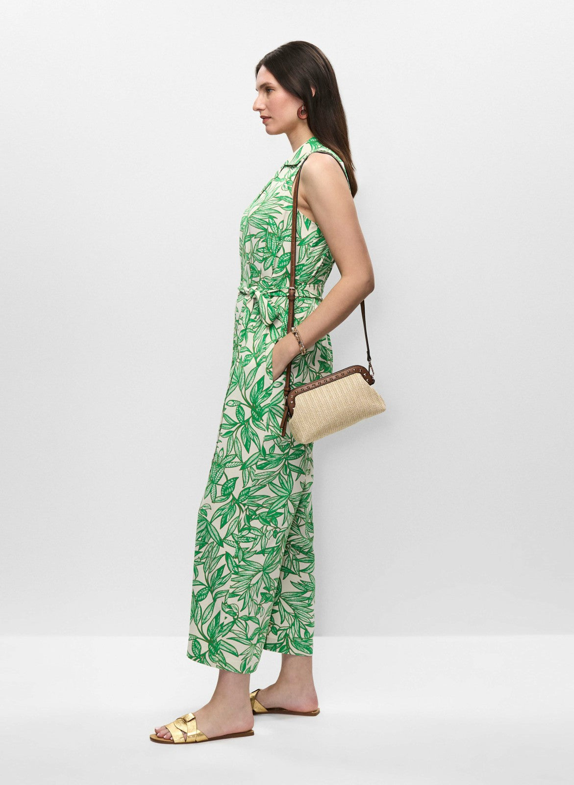 Women Palm Print Wide Leg Jumpsuit Green Pattern | Melanie Lyne