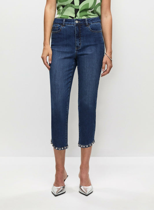 Women Embellished Hem Denim Capris Medium Blue | Melanie Lyne