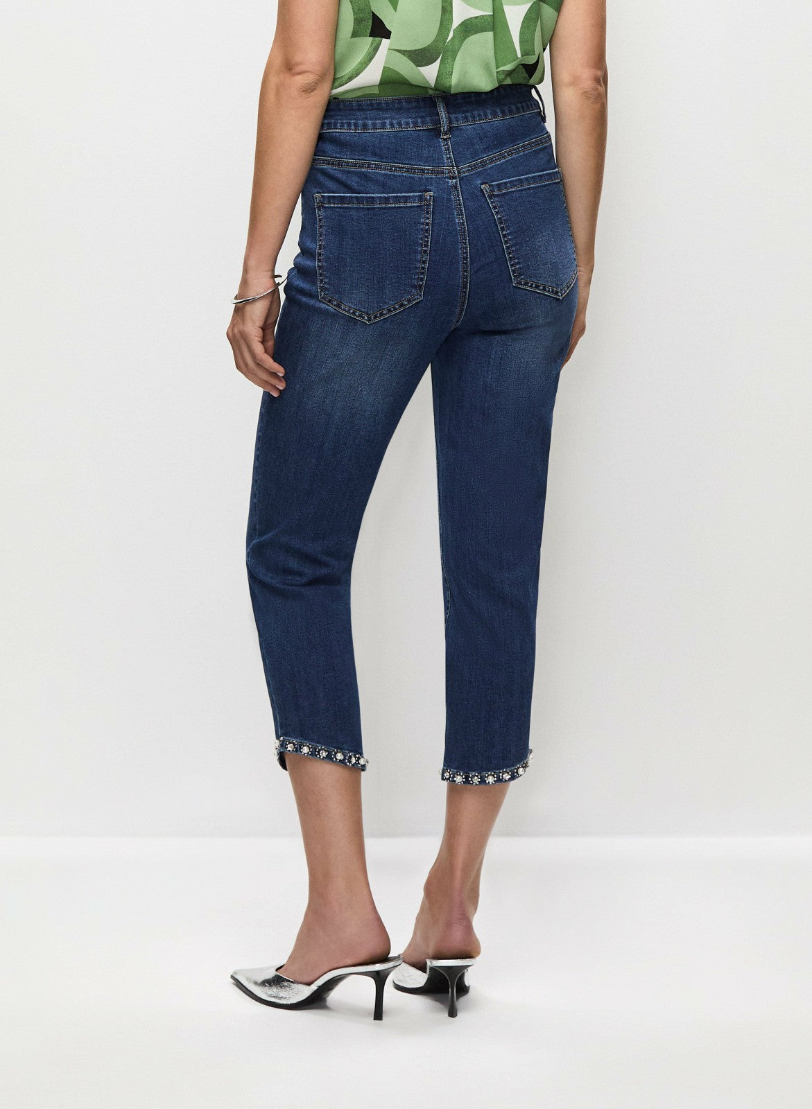 Women Embellished Hem Denim Capris Medium Blue | Melanie Lyne