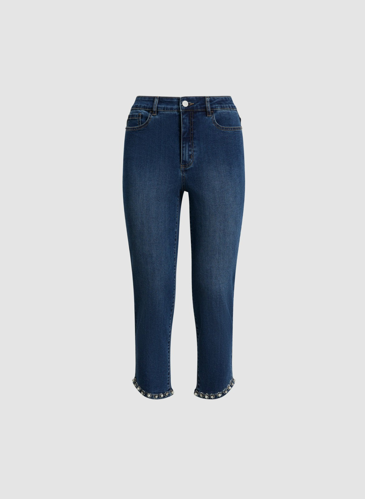 Women Embellished Hem Denim Capris Medium Blue | Melanie Lyne