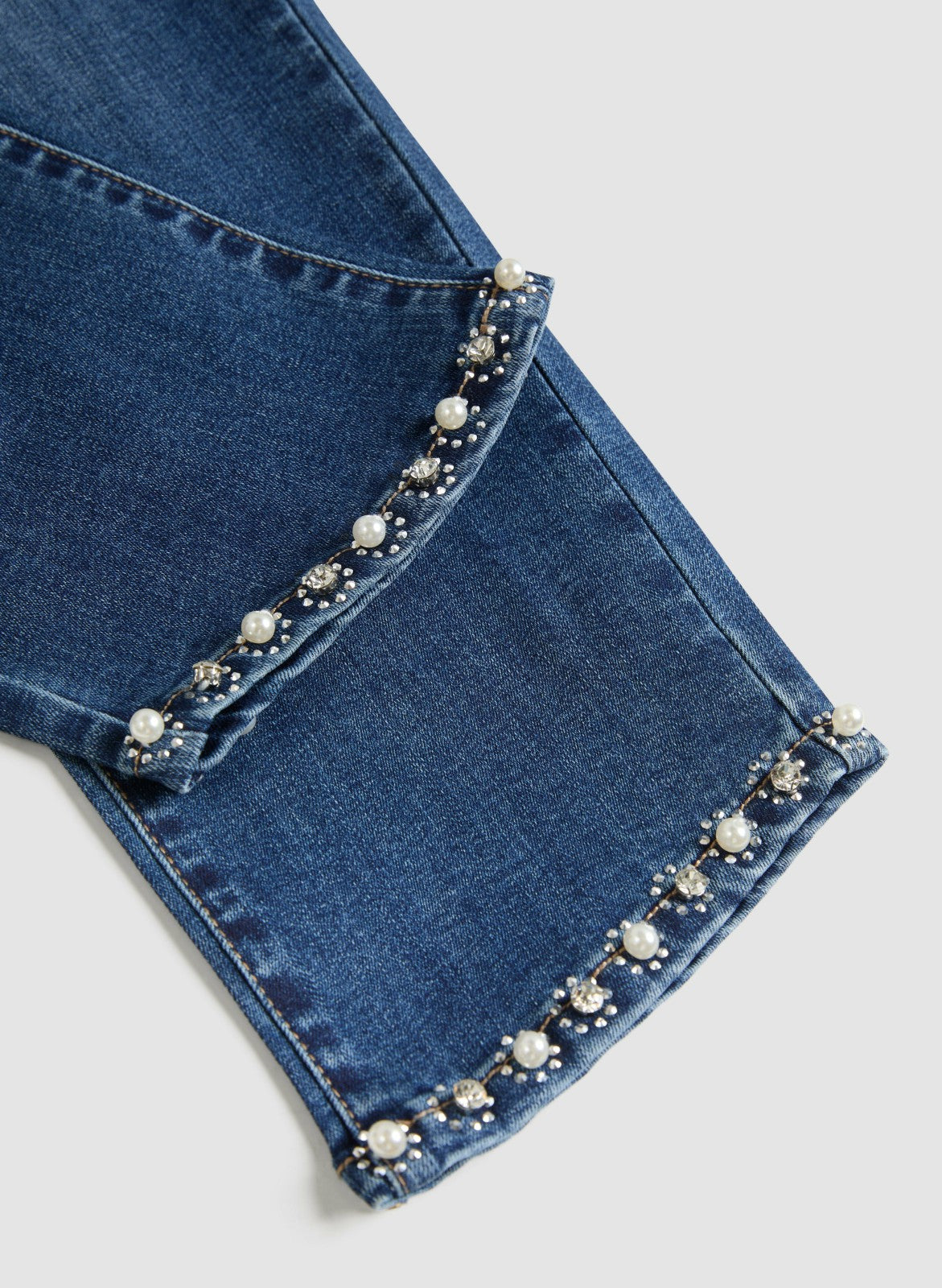Women Embellished Hem Denim Capris Medium Blue | Melanie Lyne