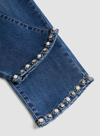 Women Embellished Hem Denim Capris Medium Blue | Melanie Lyne