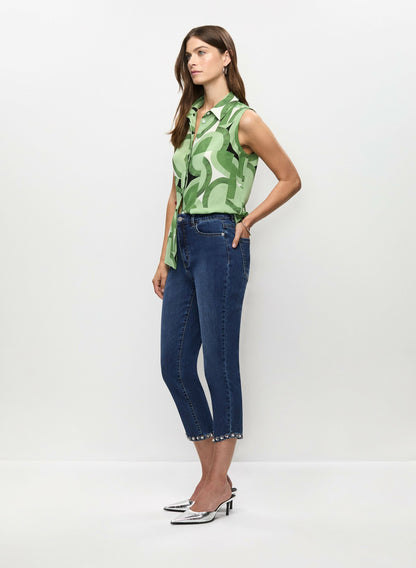 Women Embellished Hem Denim Capris Medium Blue | Melanie Lyne