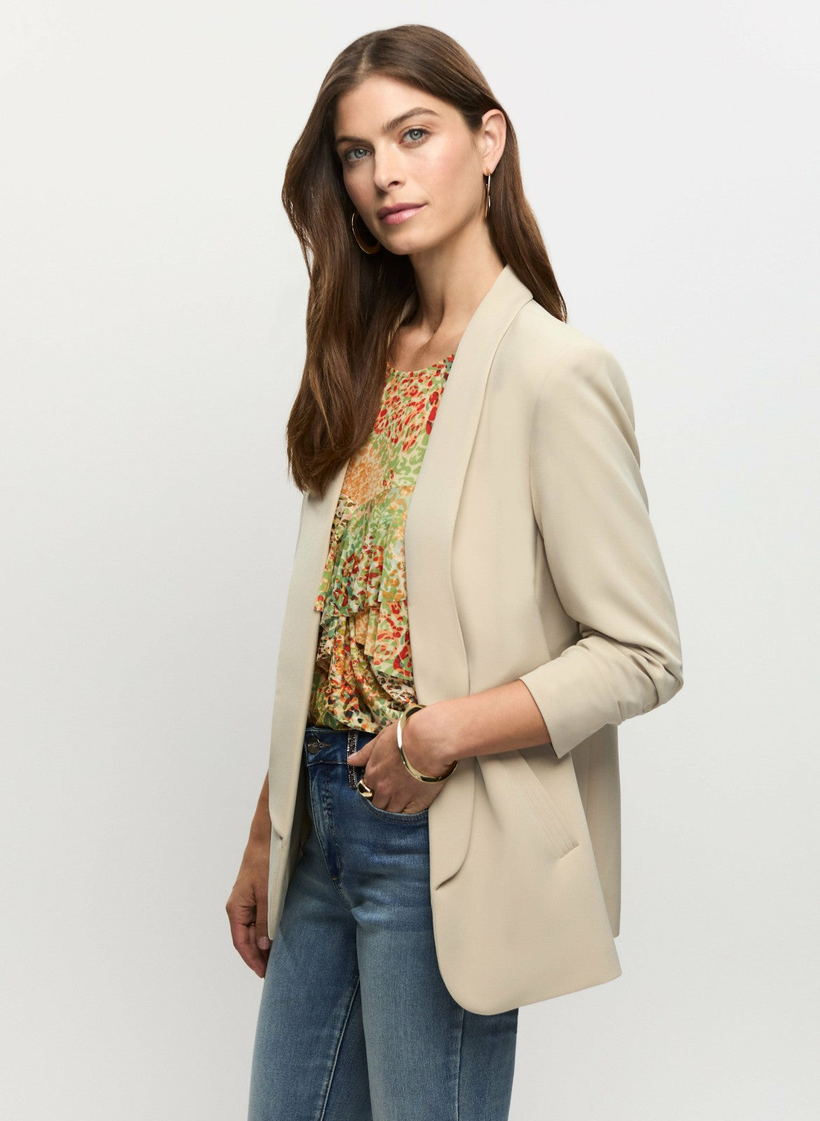 Women Ruched Sleeve Blazer Desert Sand | Melanie Lyne
