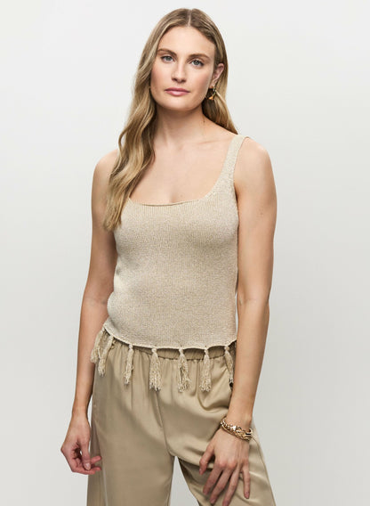 Women Fringe Trim Metallic Knit Tank Alabaster | Melanie Lyne