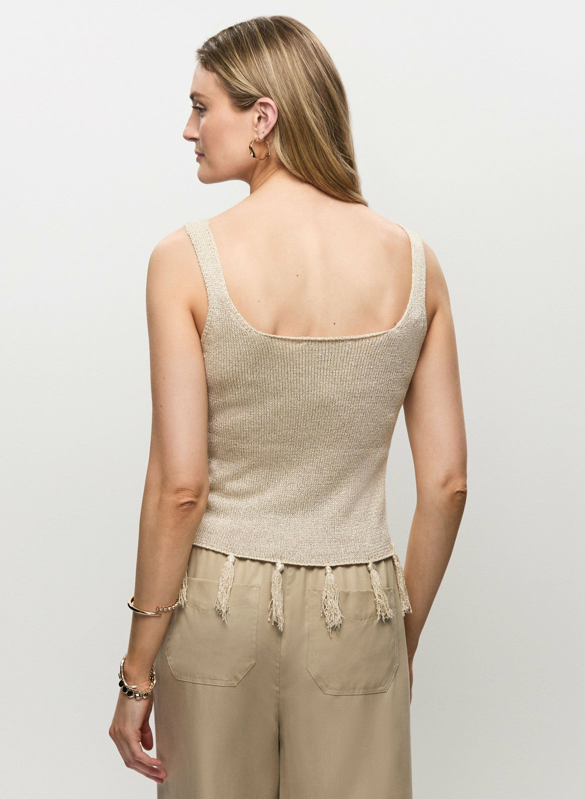 Women Fringe Trim Metallic Knit Tank Alabaster | Melanie Lyne