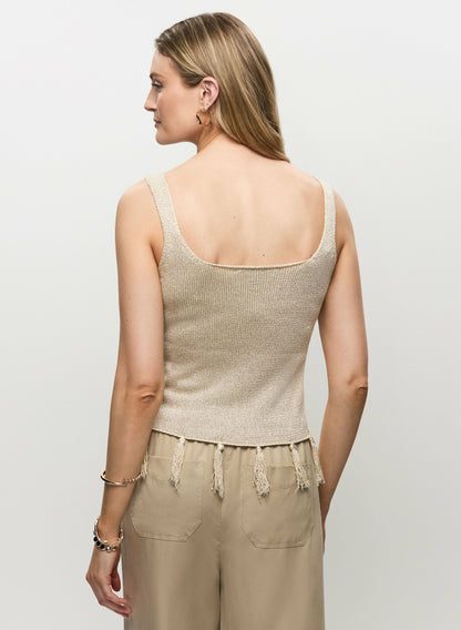 Women Fringe Trim Metallic Knit Tank Alabaster | Melanie Lyne
