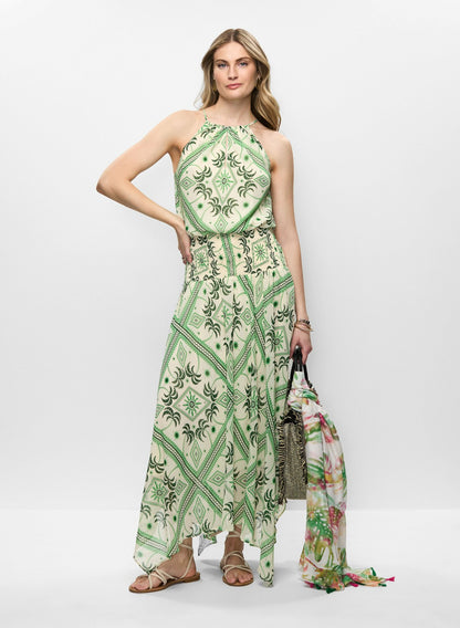 Women Halter Neck Palm Print Dress Green Pattern | Melanie Lyne