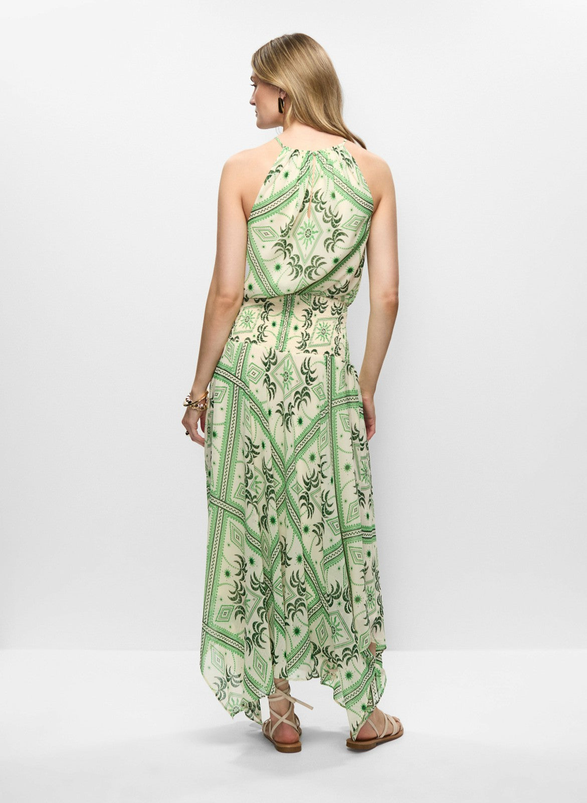 Women Halter Neck Palm Print Dress Green Pattern | Melanie Lyne