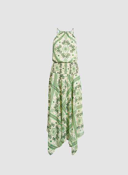 Women Halter Neck Palm Print Dress Green Pattern | Melanie Lyne