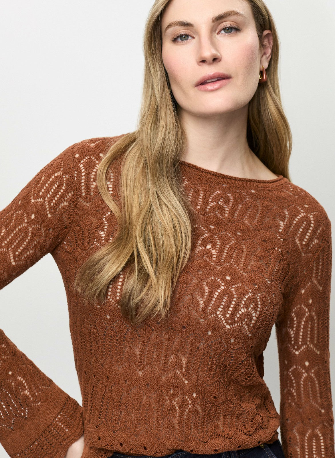 Women Lightweight Open-Knit Sweater Brown | Melanie Lyne