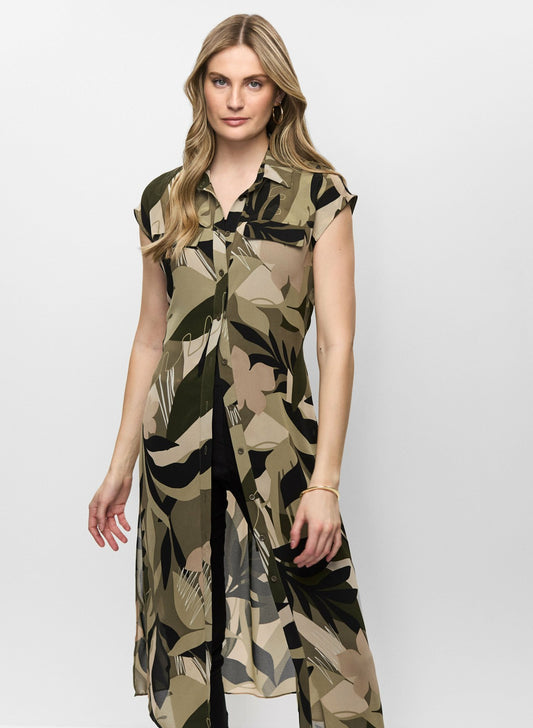 Women Long Button-Front Chiffon Tunic Green Pattern | Melanie Lyne