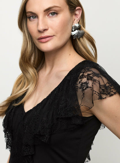 Women Lace Ruffle V-Neck Top Black | Melanie Lyne