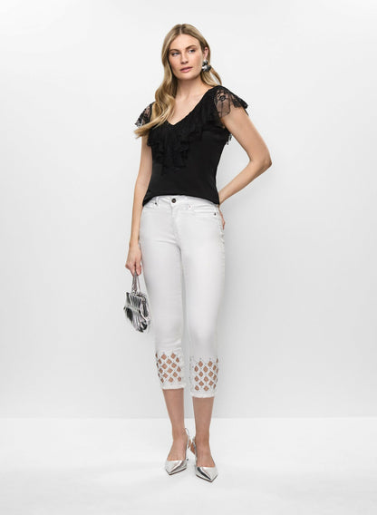 Women Lace Ruffle V-Neck Top Black | Melanie Lyne